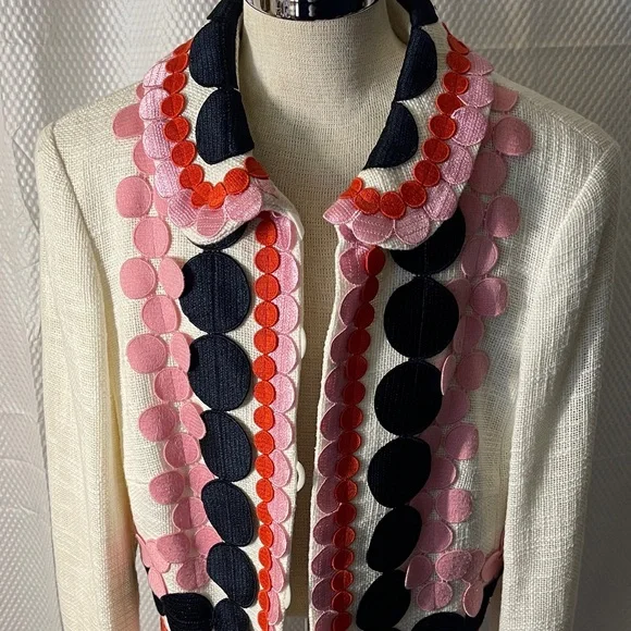 Maison Common Cream Embroidered Circle-Trim Blazer Pink & Navy Accents size 40 - Picture 2 of 12